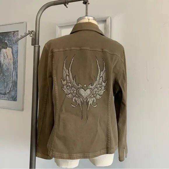 Caslon Y2K Jacket – Green Khaki – Rhinestone Sacred Heart – Size XL - Picture 6 of 8